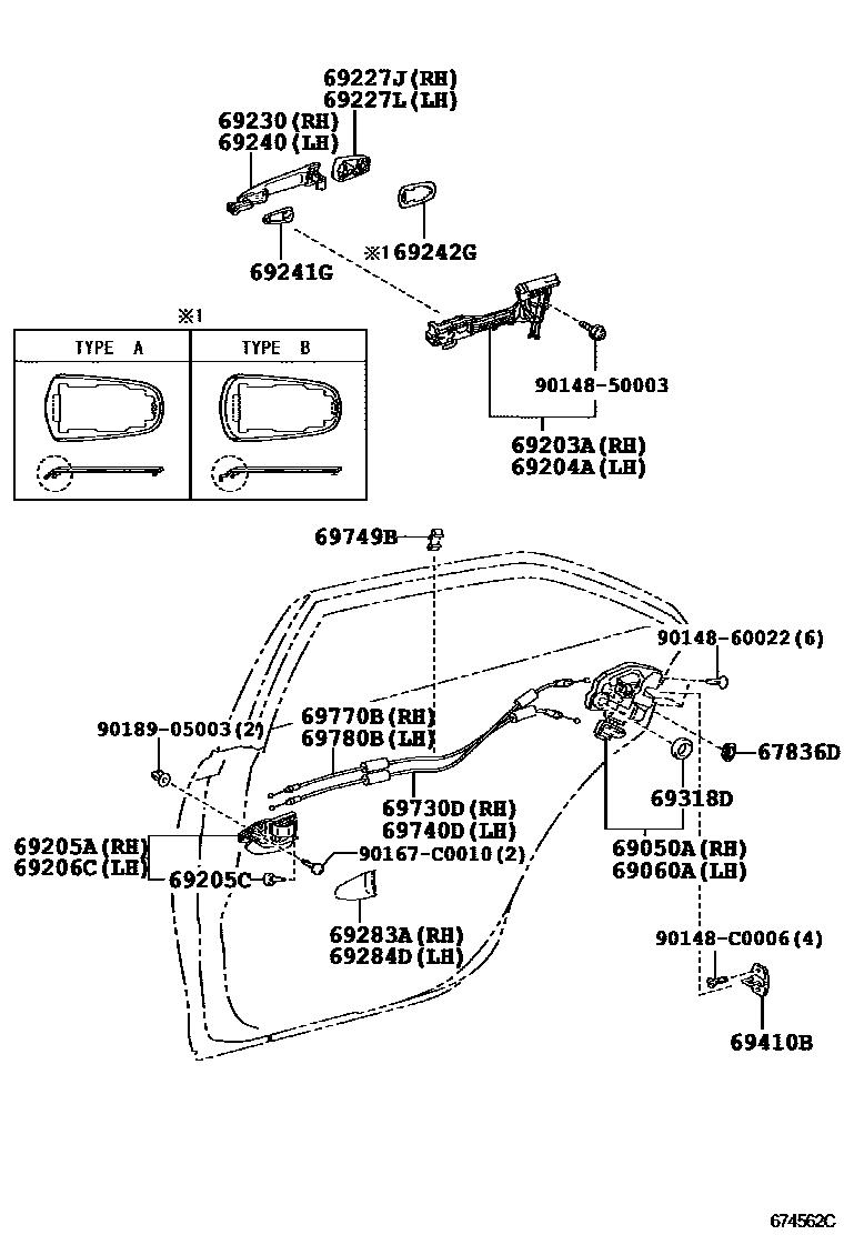 Toyota CAMRY 后门锁和后门把手 EPC diagram — 674562C