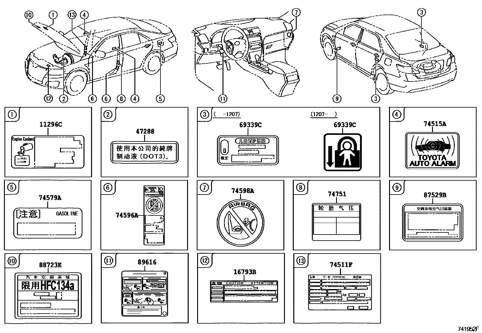 Toyota CAMRY 警示铭牌(车外和车内) EPC diagram — 741952F