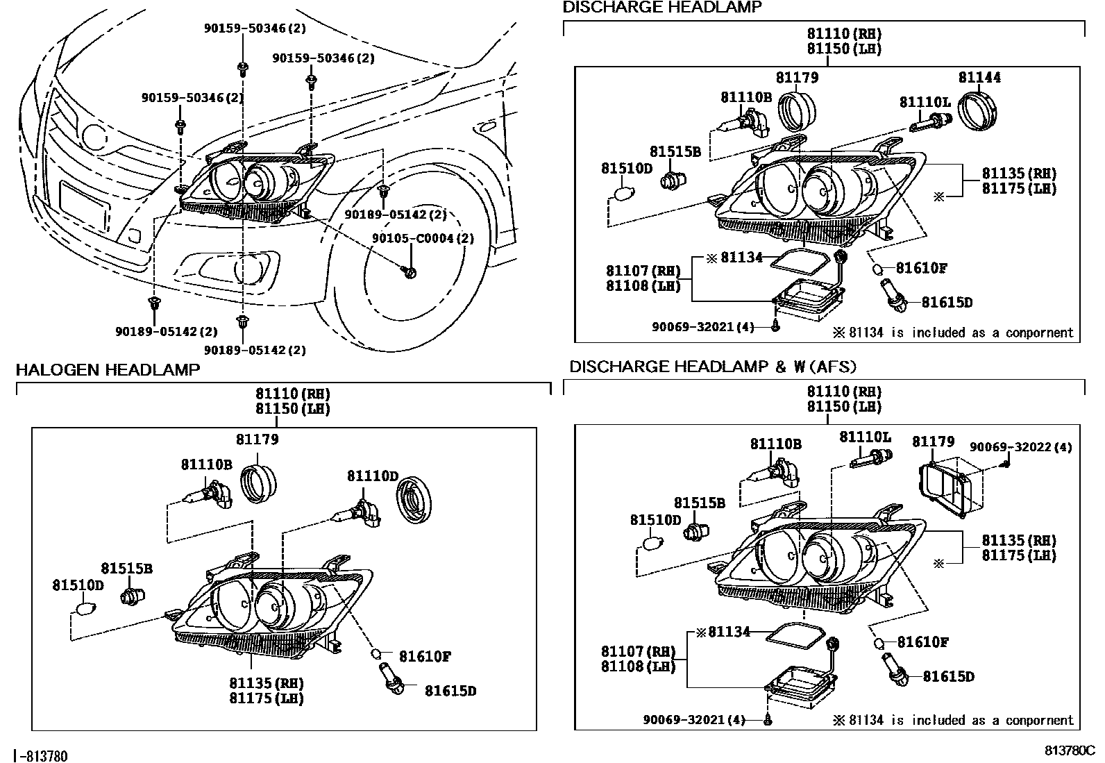Toyota CAMRY Headlamp EPC diagram — 813780C