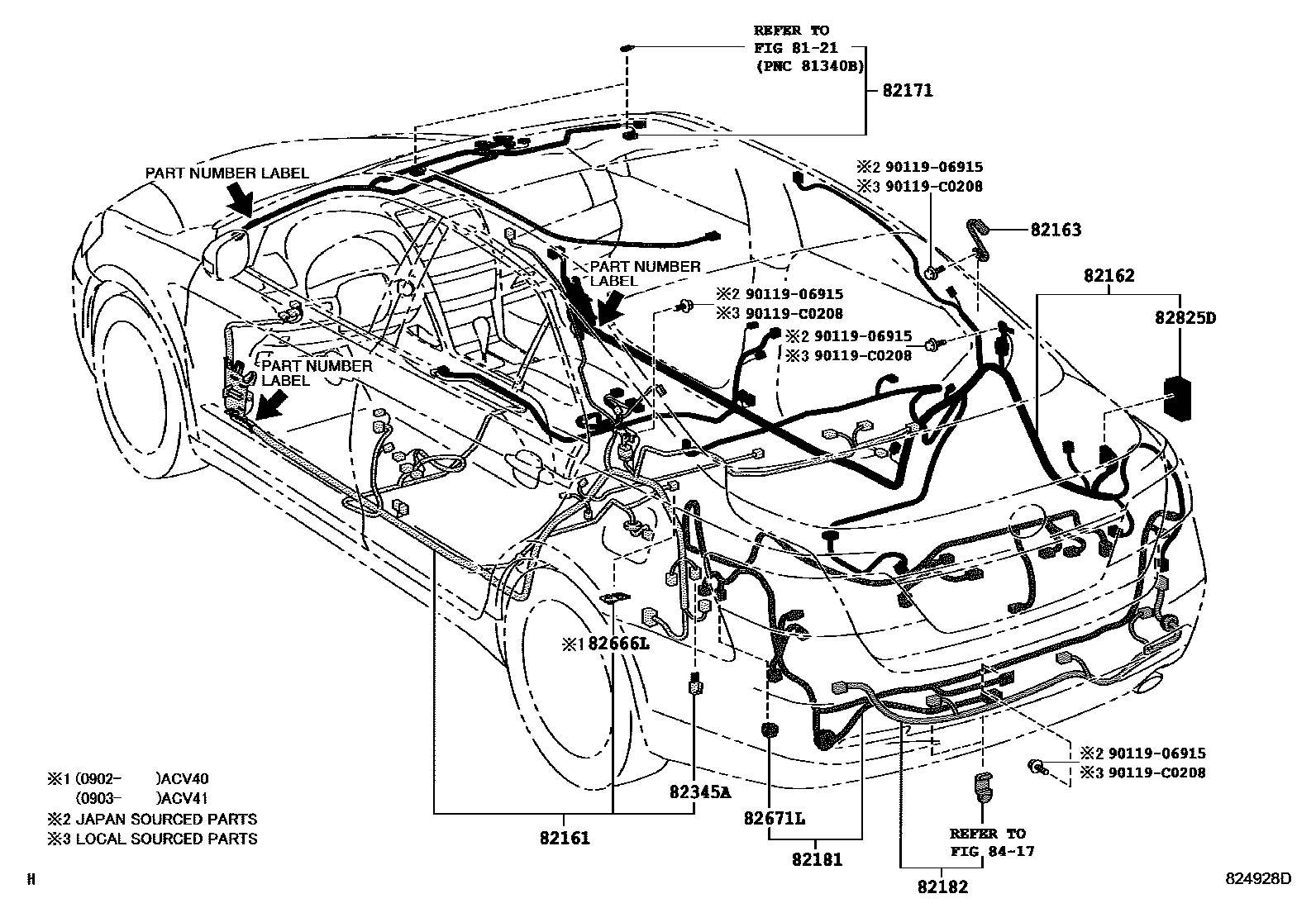 Toyota CAMRY 线束和卡夹 EPC diagram — 824928D
