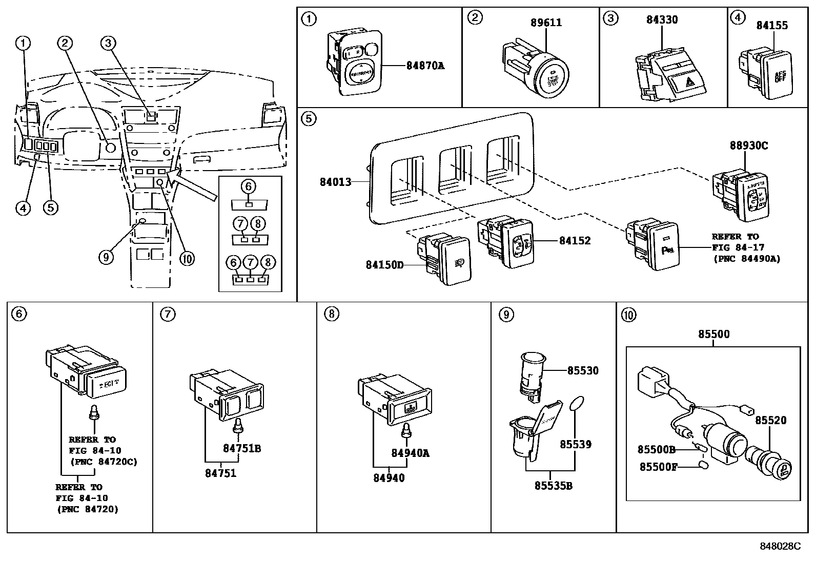 Toyota CAMRY 开关和继电器和ECU EPC diagram — 848028C
