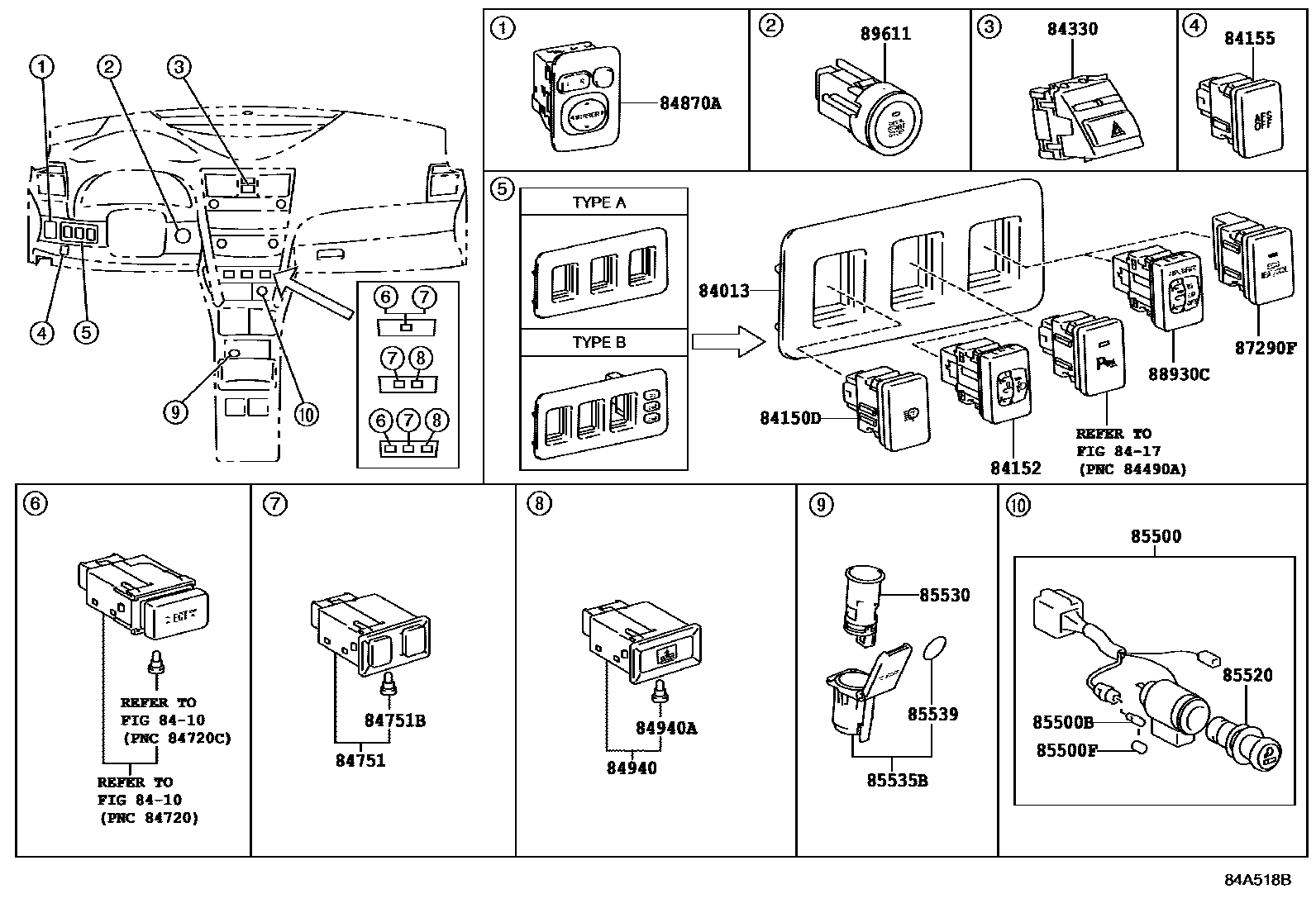 Toyota CAMRY 开关和继电器和ECU EPC diagram — 84A518B