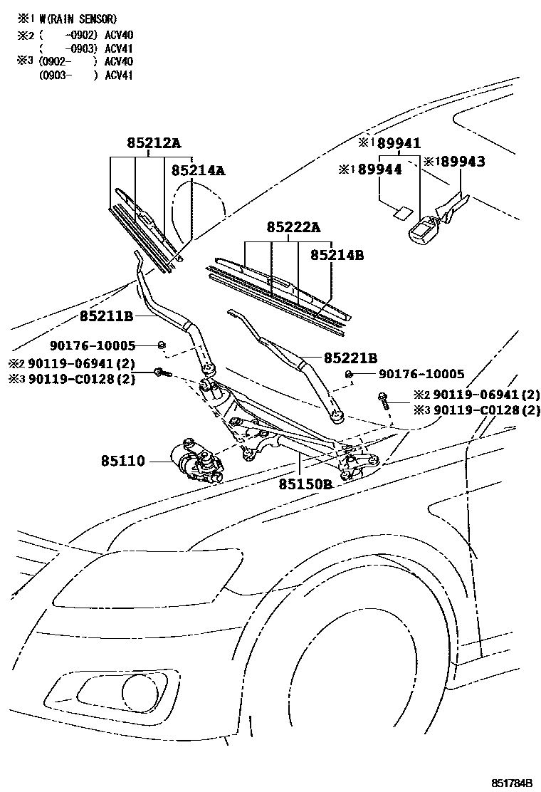 Toyota CAMRY 挡风玻璃刮水器 EPC diagram — 851784B