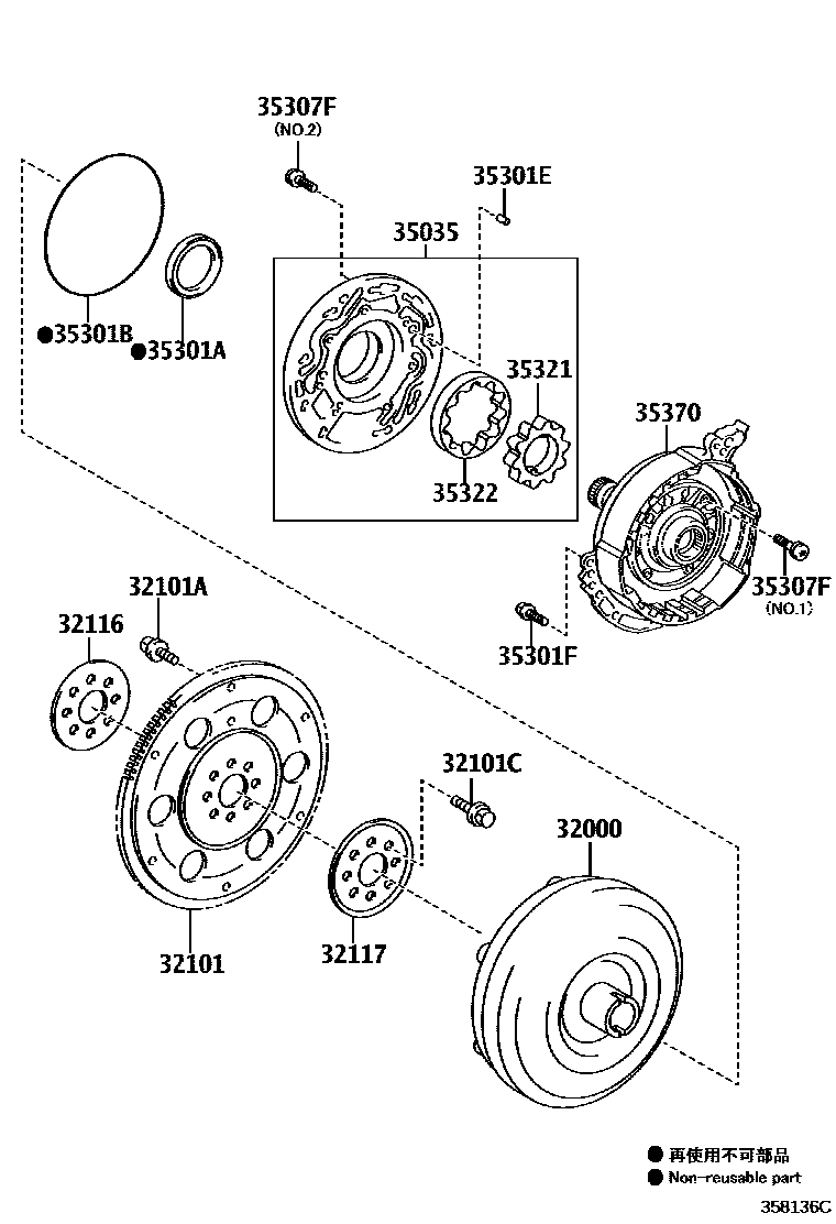 Toyota CAMRY 变矩器、前油泵和链条(ATM) EPC diagram — 358136C