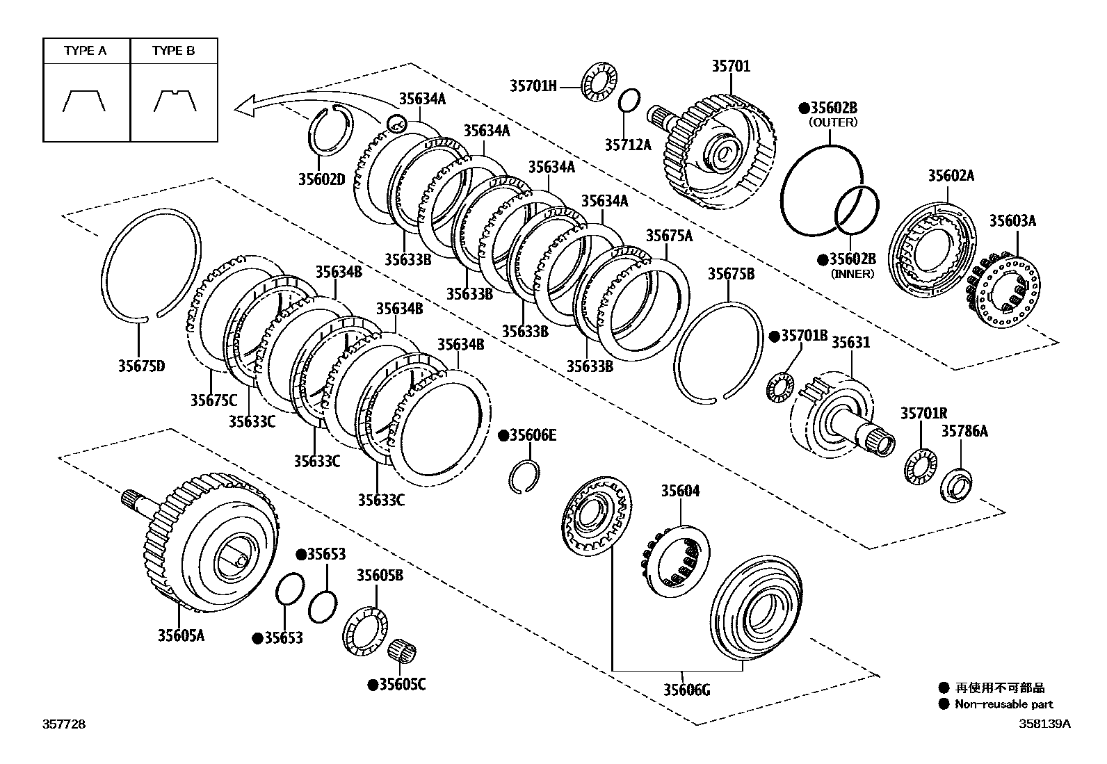 Toyota CAMRY 制动带和多片式离合器(ATM) EPC diagram — 358139A