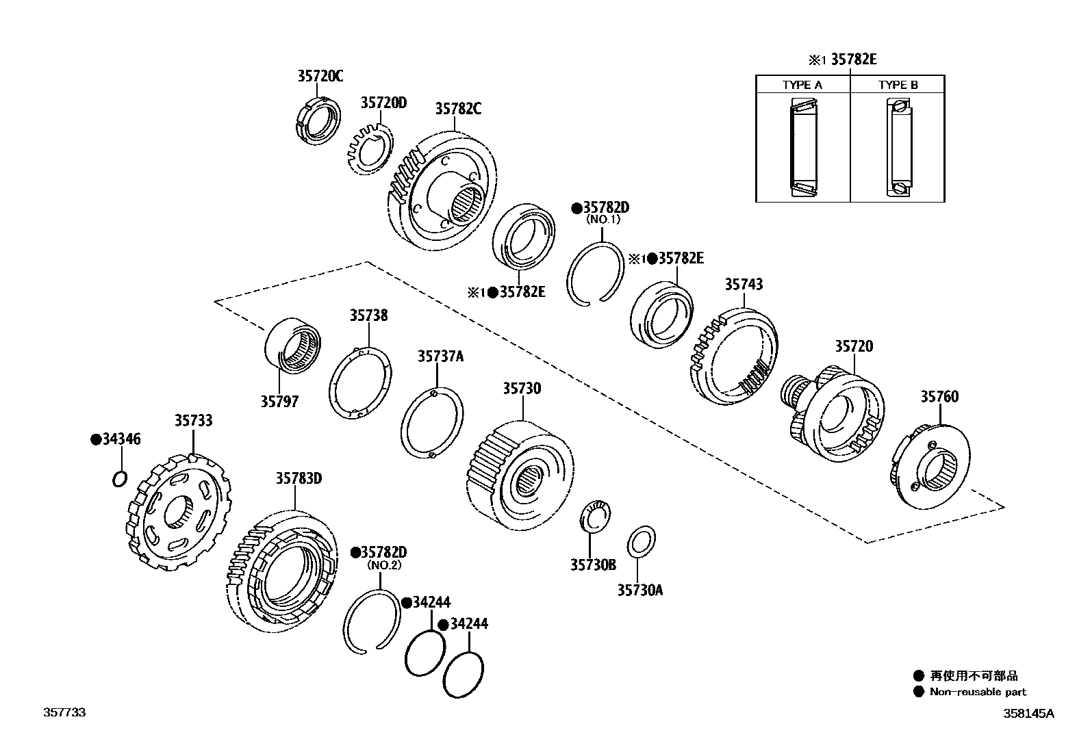Toyota CAMRY 行星齿轮、倒档活塞和中间轴齿轮(ATM) EPC diagram — 358145A