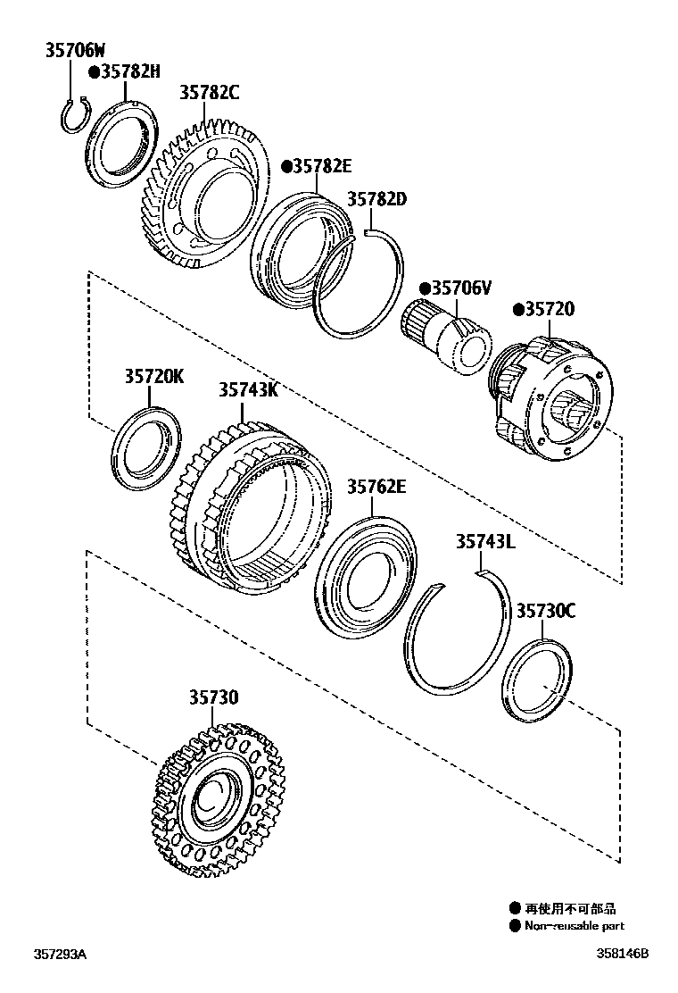 Toyota CAMRY 行星齿轮、倒档活塞和中间轴齿轮(ATM) EPC diagram — 358146B