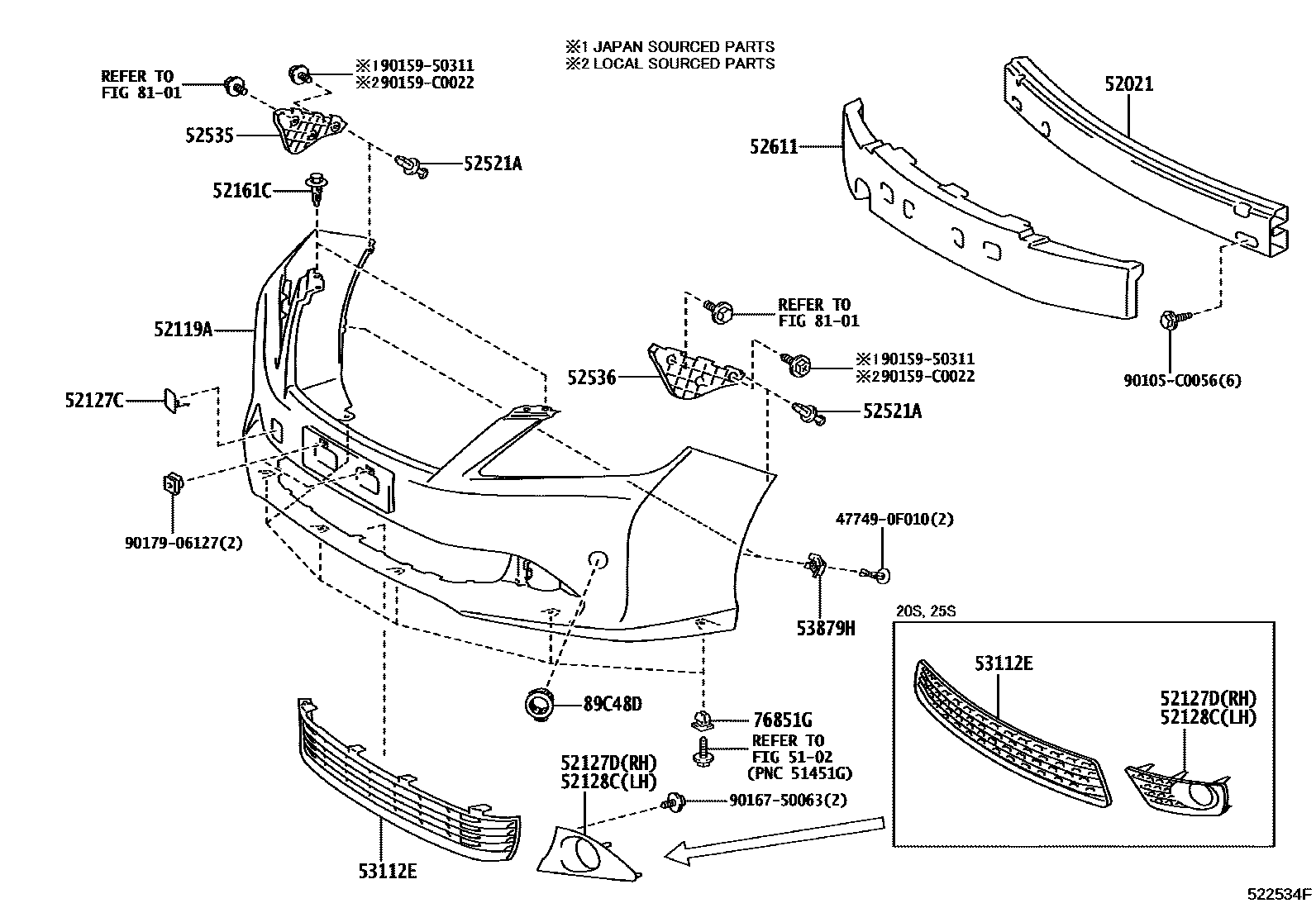 Toyota CAMRY 前保险杠及附件 EPC diagram — 522534F