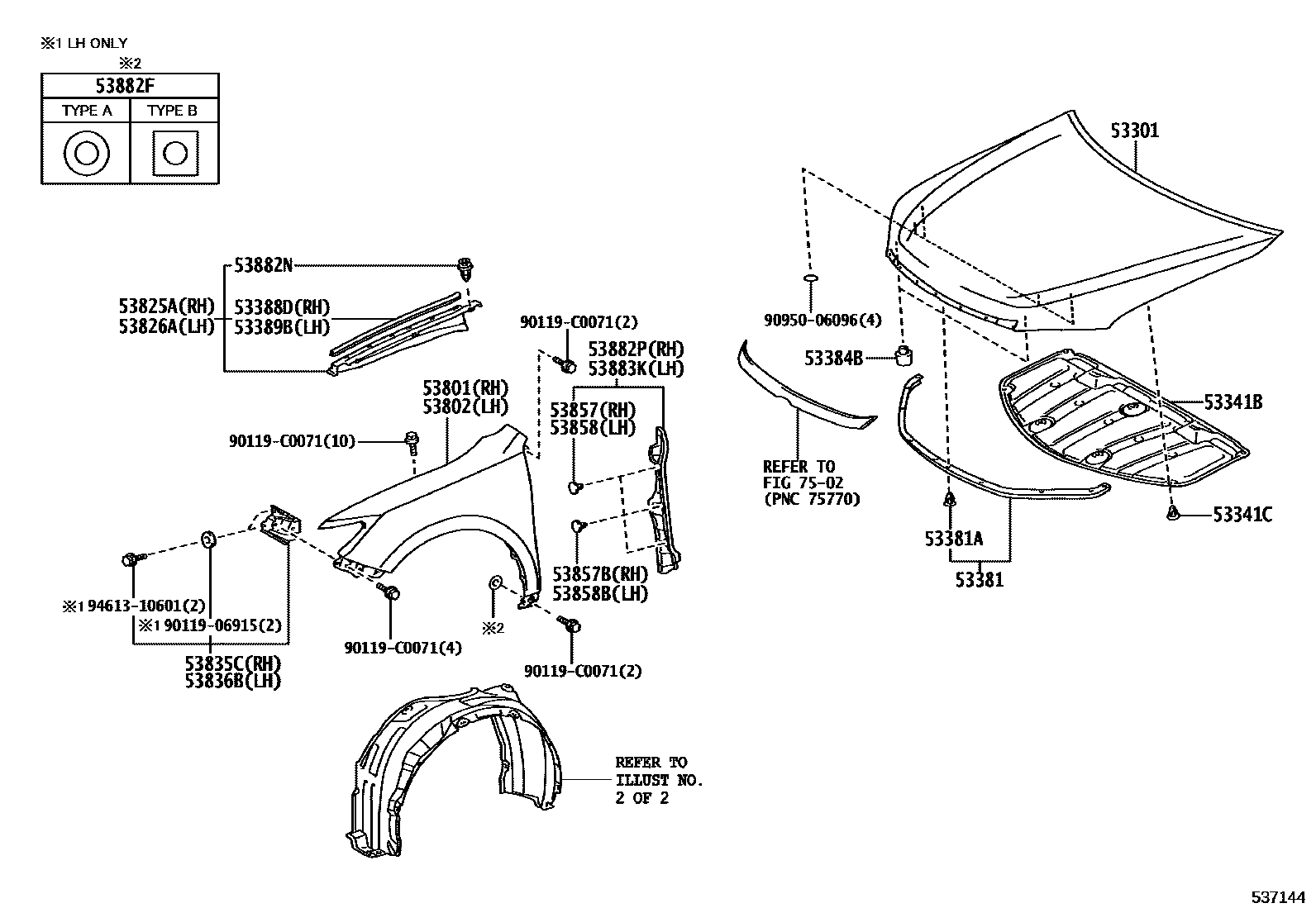 Toyota CAMRY 发动机盖和前翼子板 EPC diagram — 537144
