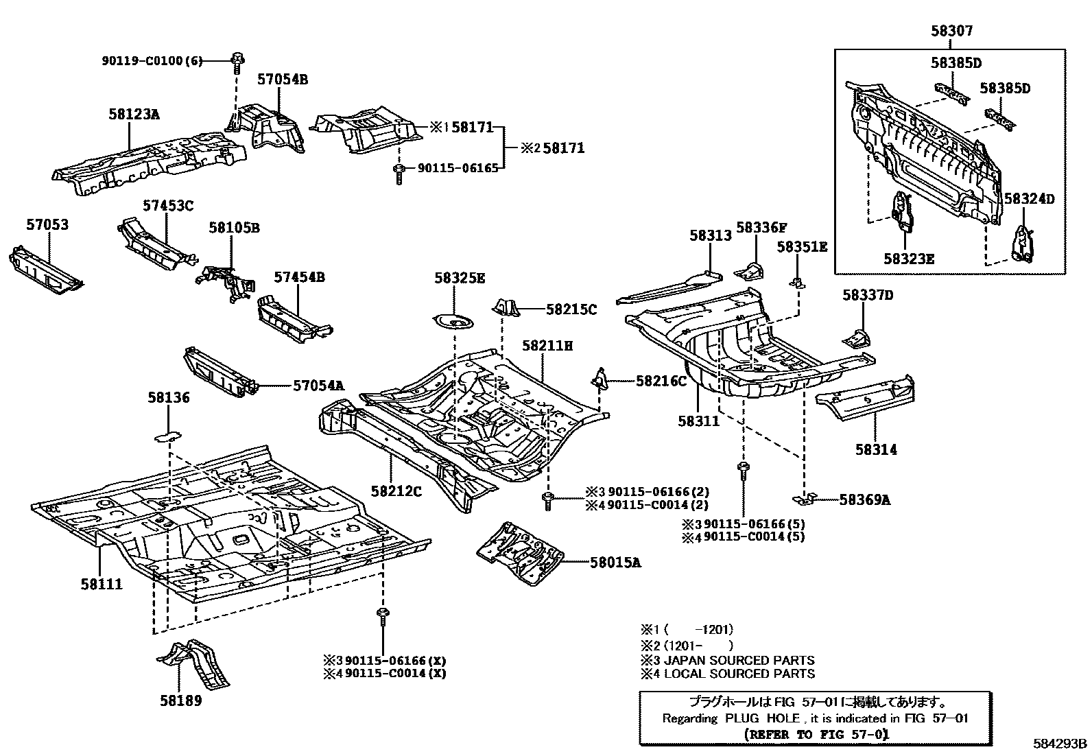Toyota CAMRY 浅盘形地板和车身下背板 EPC diagram — 584293B
