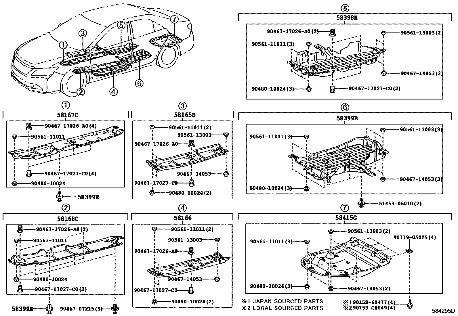 Toyota CAMRY 浅盘形地板和车身下背板 EPC diagram — 584295D