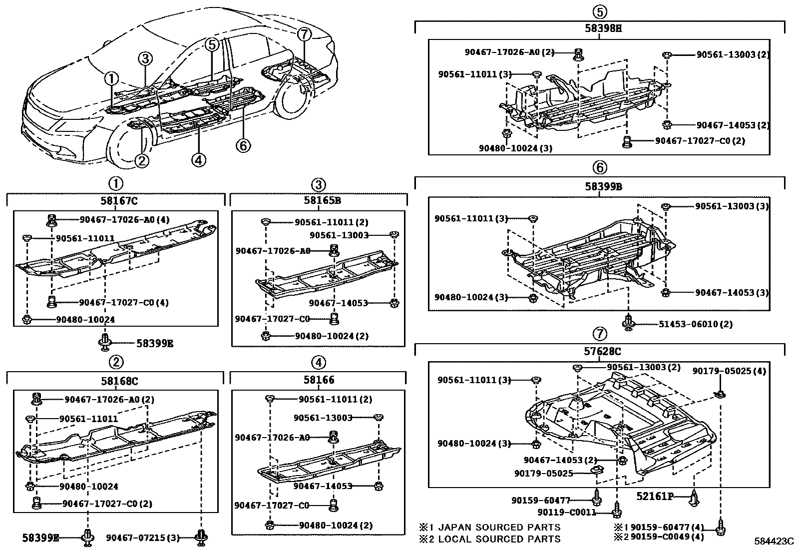 Toyota CAMRY 浅盘形地板和车身下背板 EPC diagram — 584423C