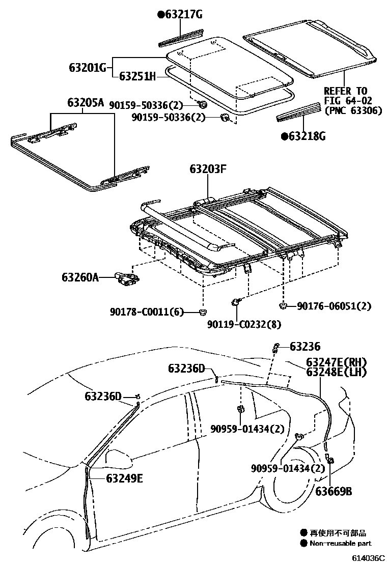 Toyota CAMRY 天窗板和背窗玻璃 EPC diagram — 614036C