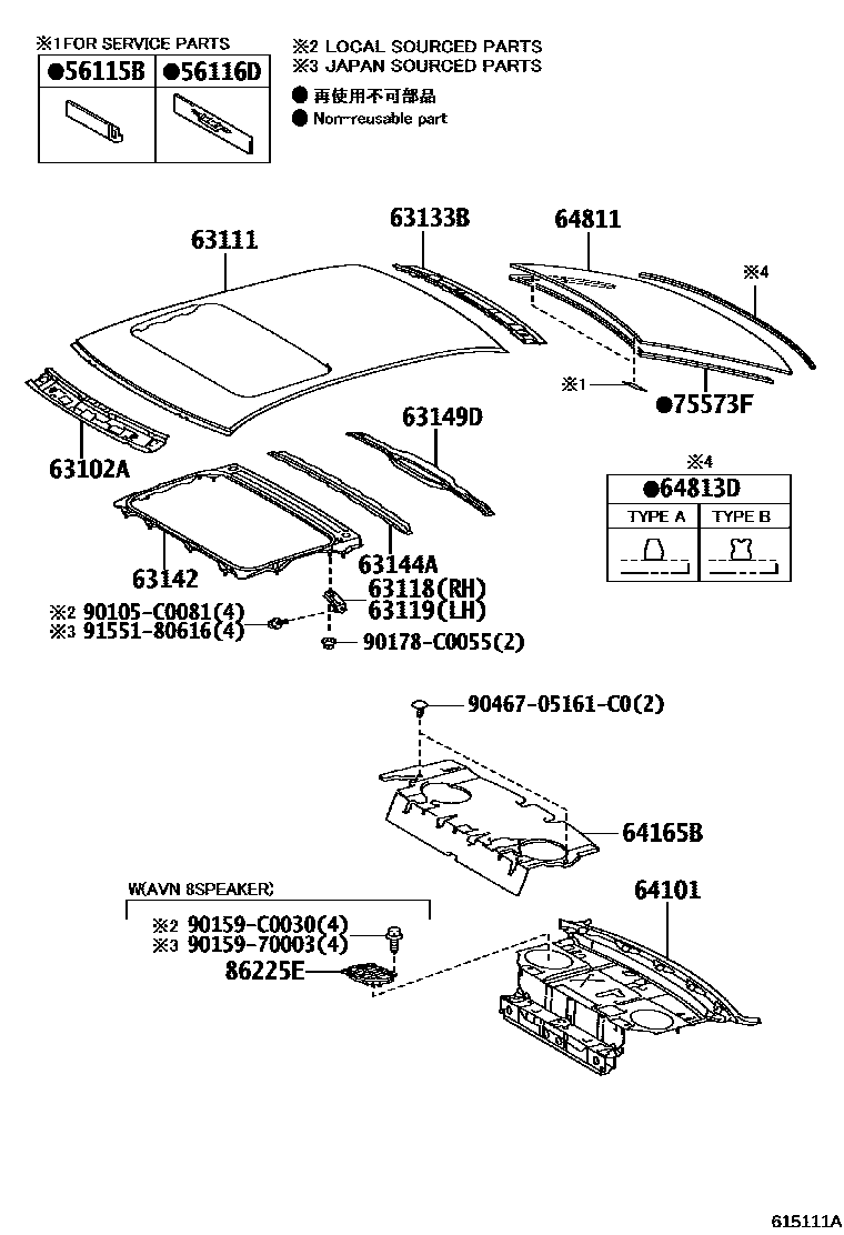Toyota CAMRY 天窗板和背窗玻璃 EPC diagram — 615111A