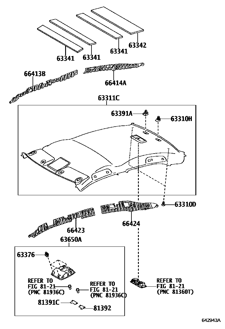 Toyota CAMRY 车顶内衬和消声垫 EPC diagram — 642943A