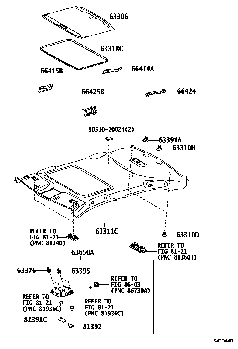 Toyota CAMRY 车顶内衬和消声垫 EPC diagram — 642944B