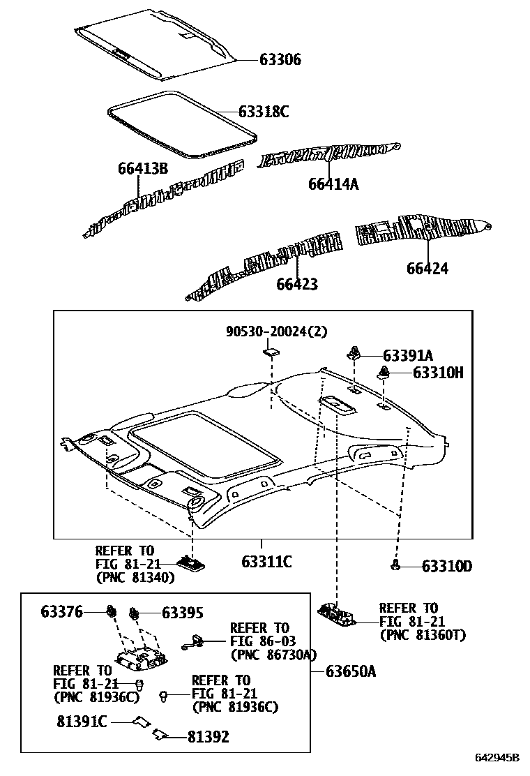 Toyota CAMRY 车顶内衬和消声垫 EPC diagram — 642945B