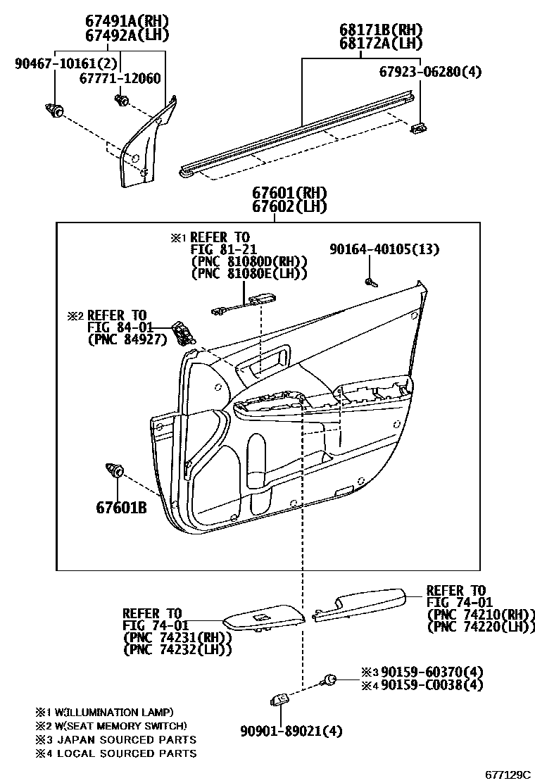 Toyota CAMRY 前门板和前门玻璃 EPC diagram — 677129C