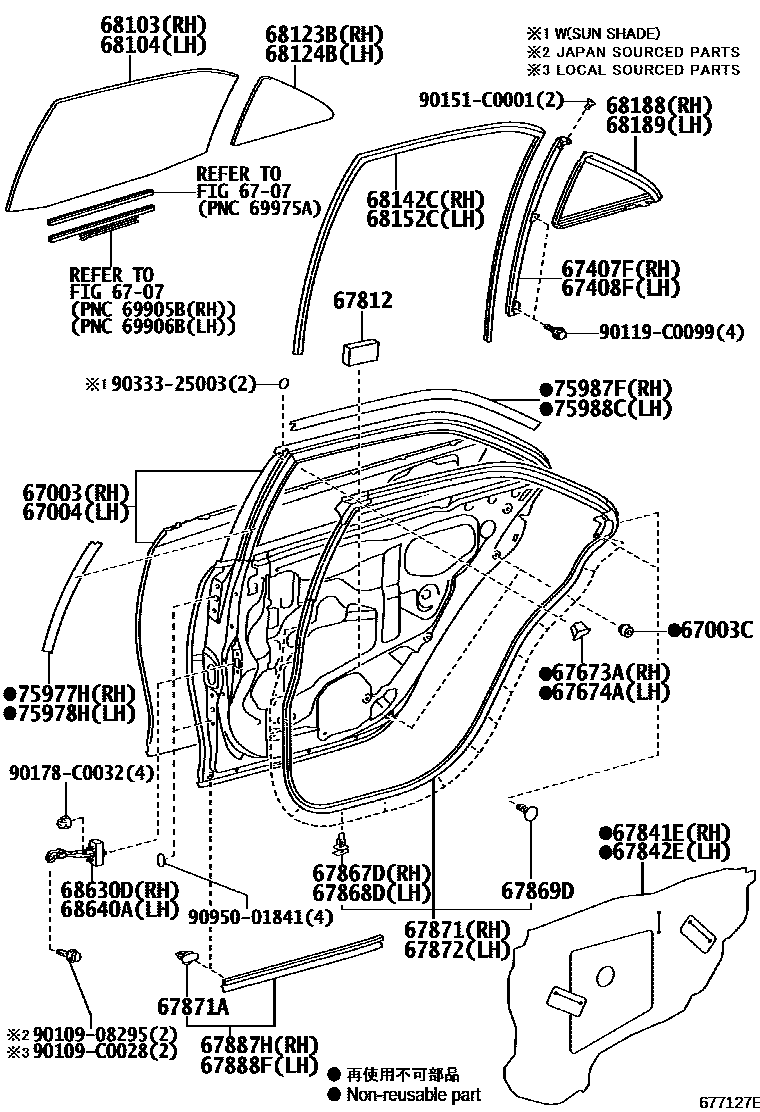 Toyota CAMRY 后门板和后门玻璃 EPC diagram — 677127E