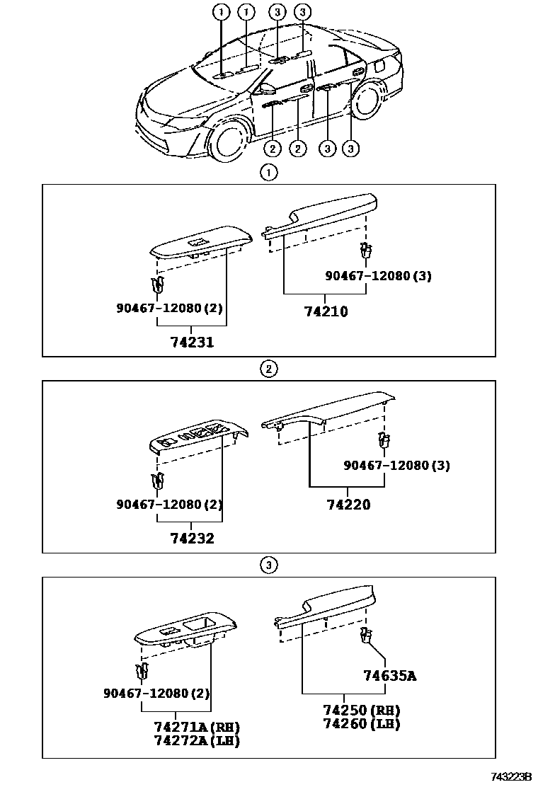 Toyota CAMRY 扶手和遮阳板 EPC diagram — 743223B