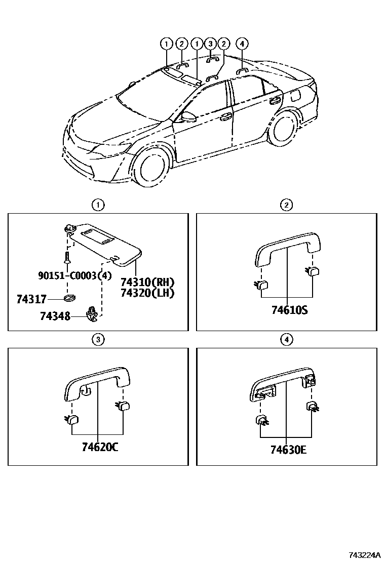 Toyota CAMRY 扶手和遮阳板 EPC diagram — 743224A