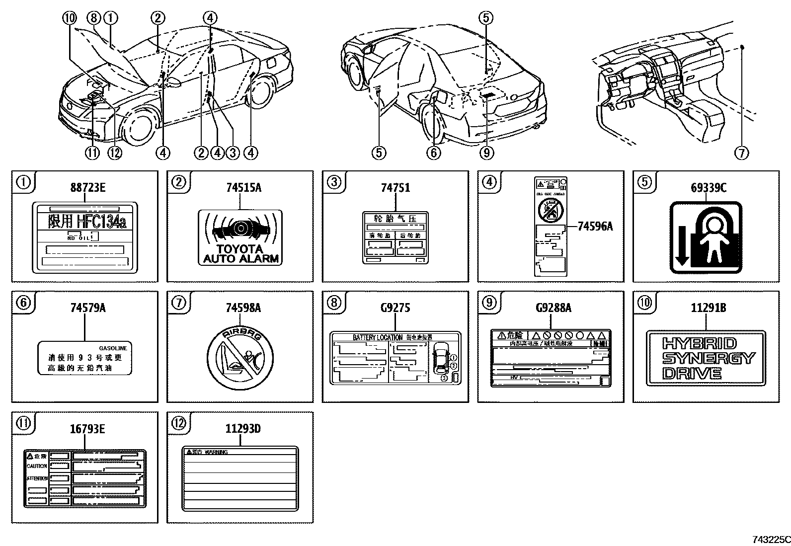 Toyota CAMRY 警示铭牌(车外和车内) EPC diagram — 743225C