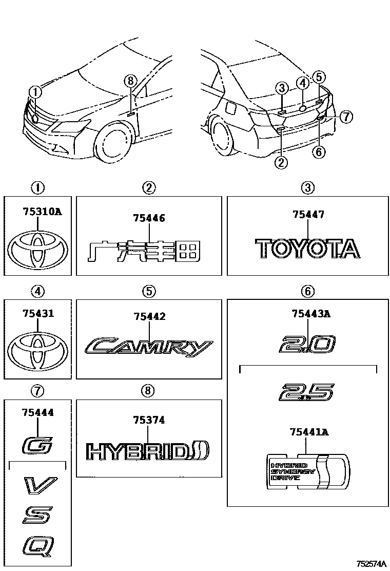 Toyota CAMRY 丰田徽标和铭牌(车外和车内) EPC diagram — 752574A