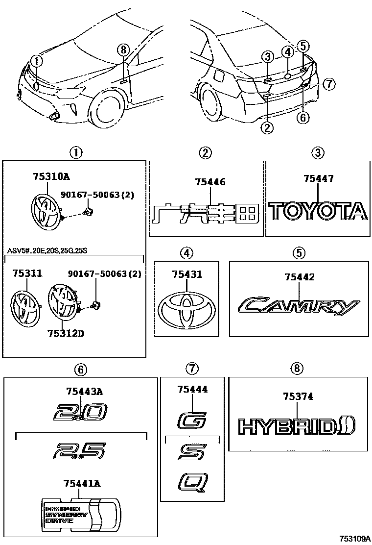 Toyota CAMRY 丰田徽标和铭牌(车外和车内) EPC diagram — 753109A