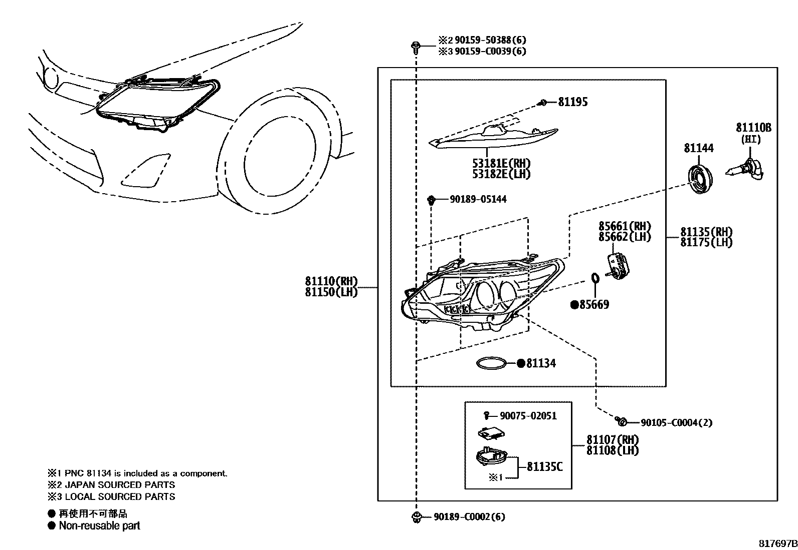 Toyota CAMRY Headlamp EPC diagram — 817697B