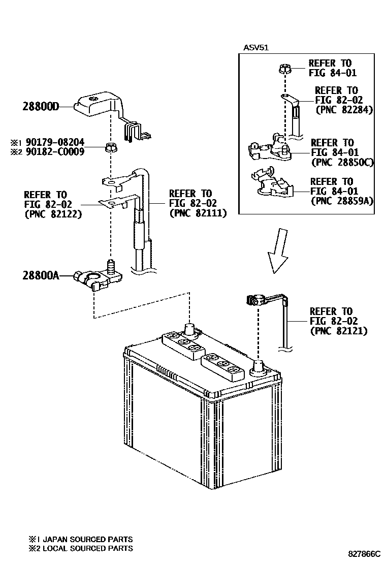 Toyota CAMRY 蓄电池和蓄电池电缆 EPC diagram — 827866C