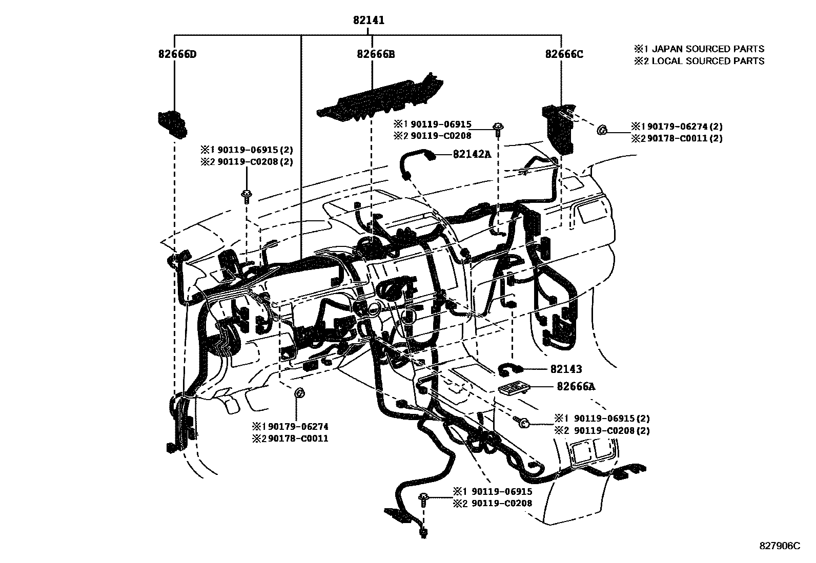 Toyota CAMRY 线束和卡夹 EPC diagram — 827906C