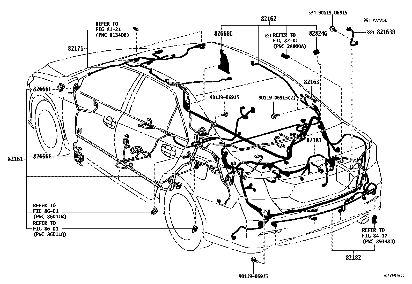 Toyota CAMRY 线束和卡夹 EPC diagram — 827908C