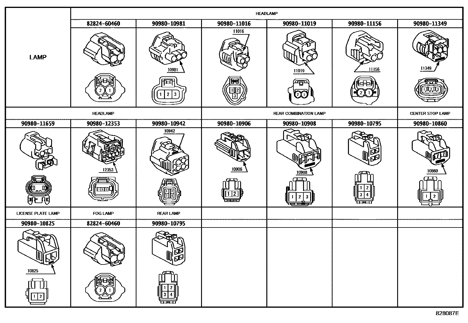 Toyota CAMRY 线束和卡夹 EPC diagram — 828087E