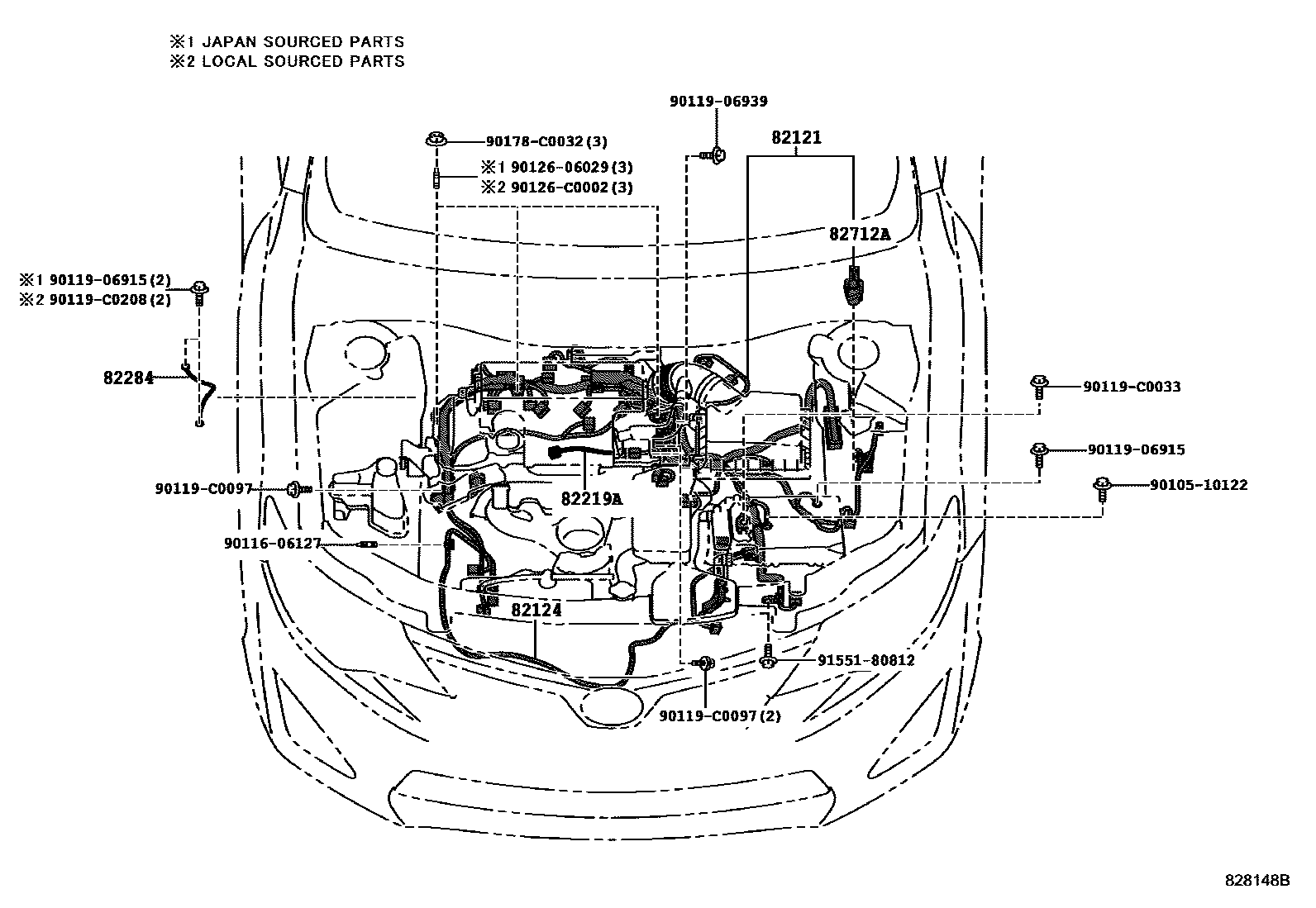 Toyota CAMRY 线束和卡夹 EPC diagram — 828148B
