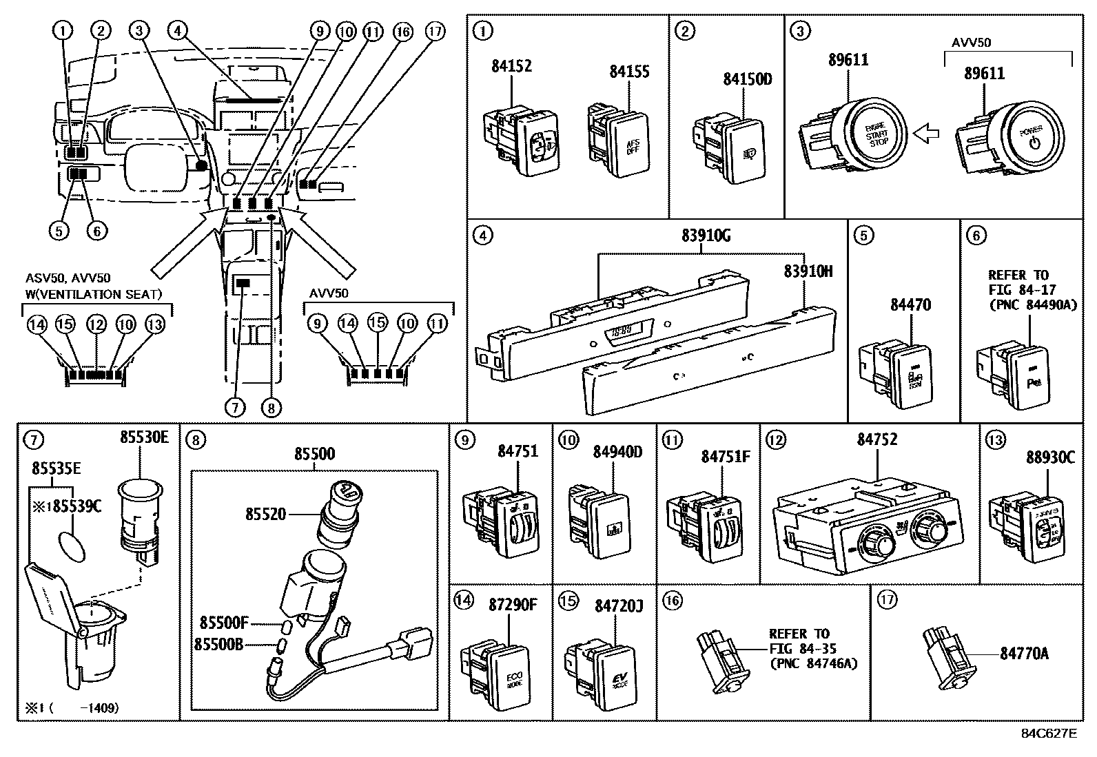 Toyota CAMRY 开关和继电器和ECU EPC diagram — 84C627E