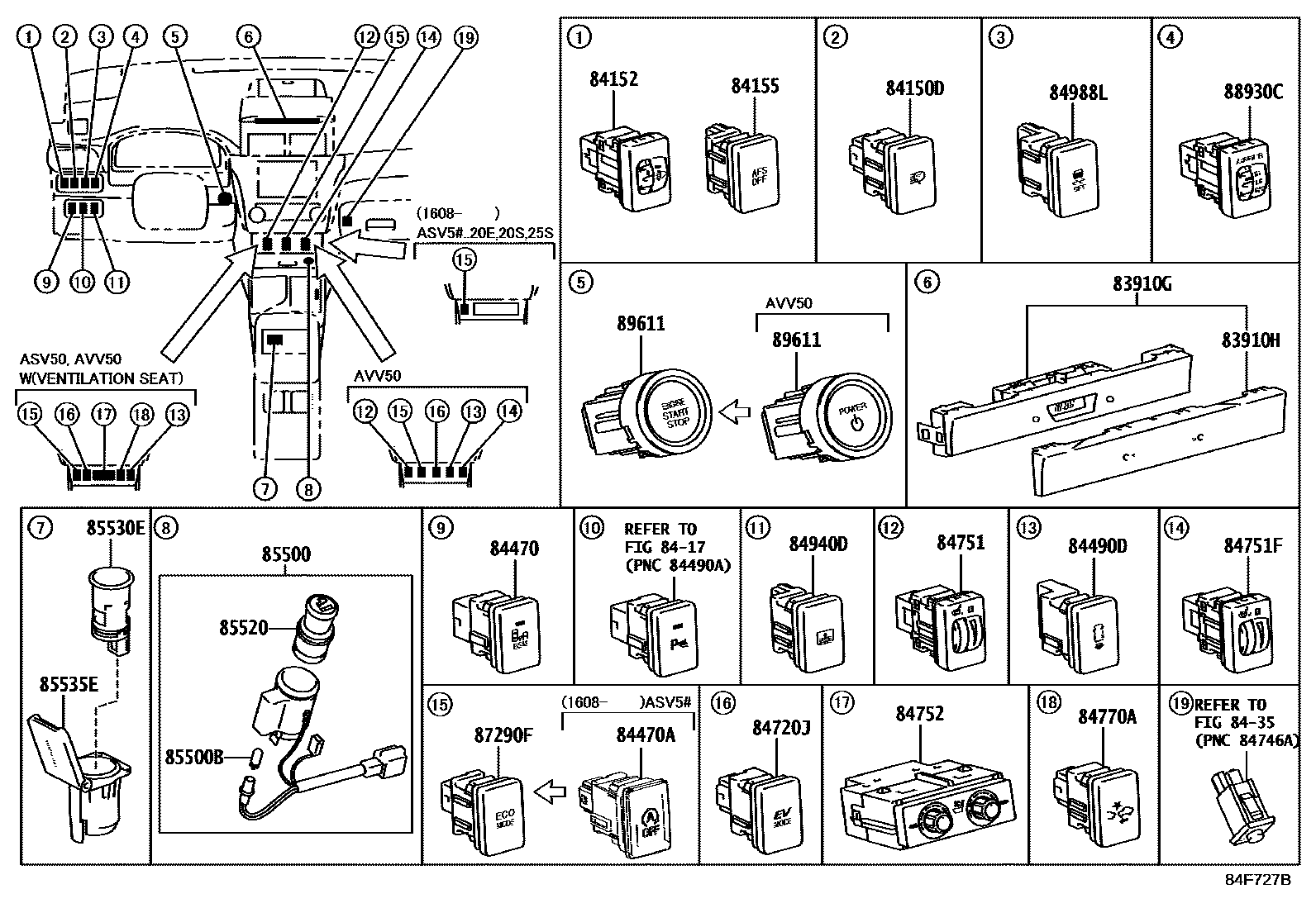 Toyota CAMRY 开关和继电器和ECU EPC diagram — 84F727B