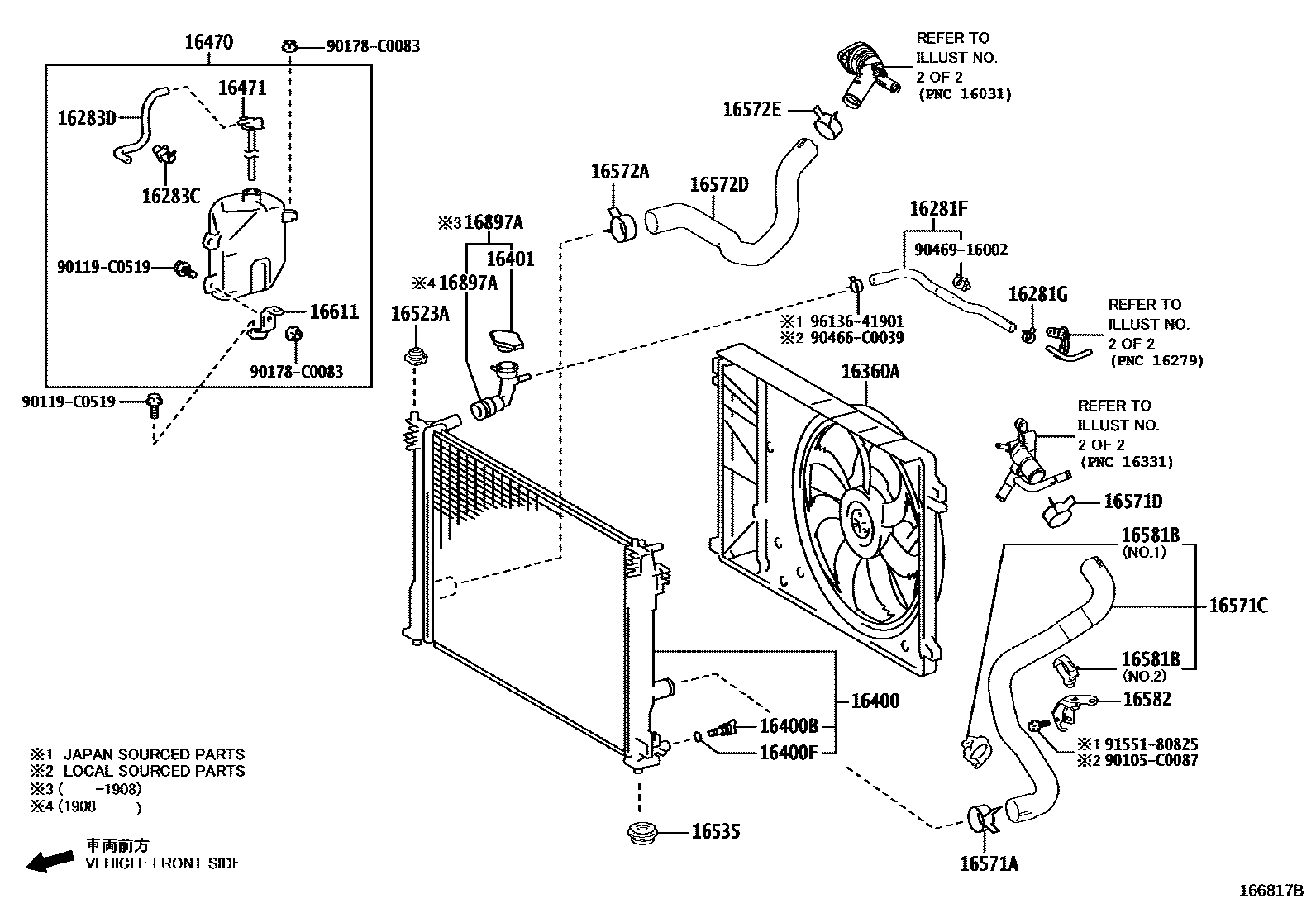 Toyota CAMRY RADIATOR & WATER OUTLET EPC diagram — 166817B