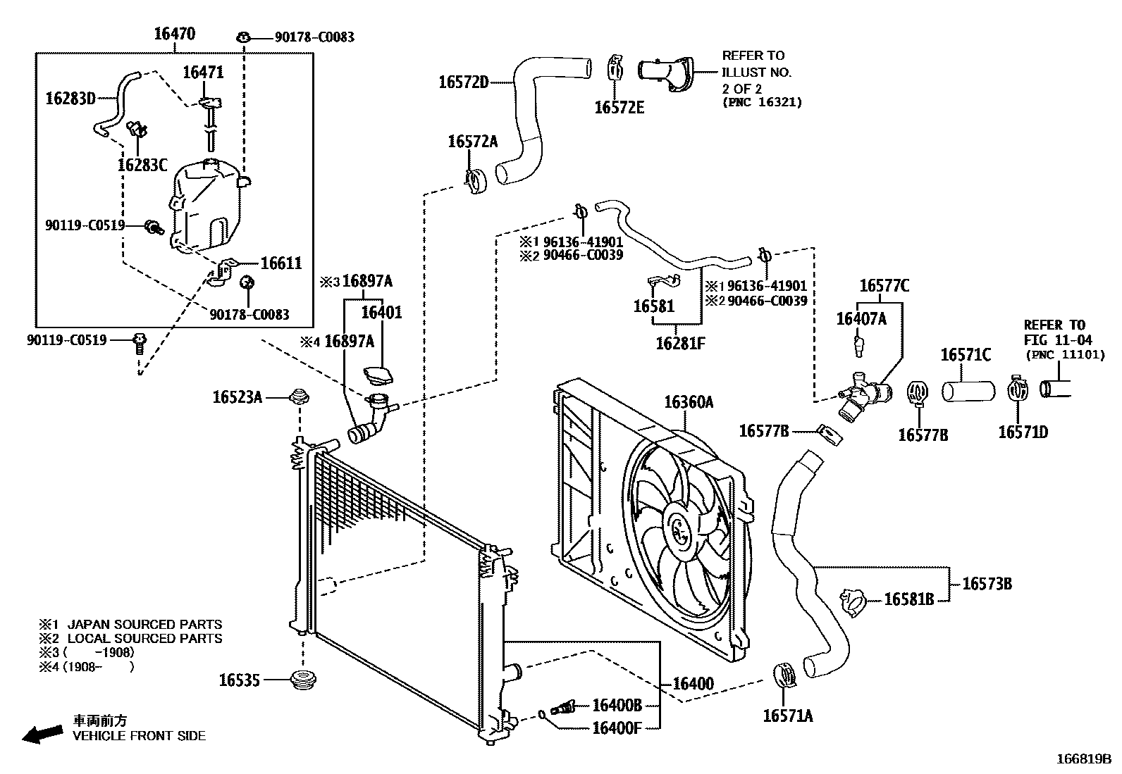 Toyota CAMRY RADIATOR & WATER OUTLET EPC diagram — 166819B