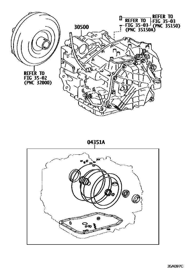 Toyota CAMRY 传动桥或变速器总成和衬垫组件(ATM) EPC diagram — 35A097C