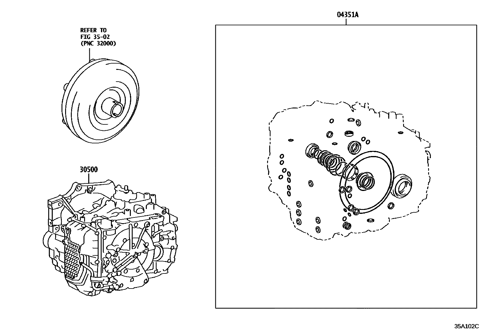 Toyota CAMRY 传动桥或变速器总成和衬垫组件(ATM) EPC diagram — 35A102C