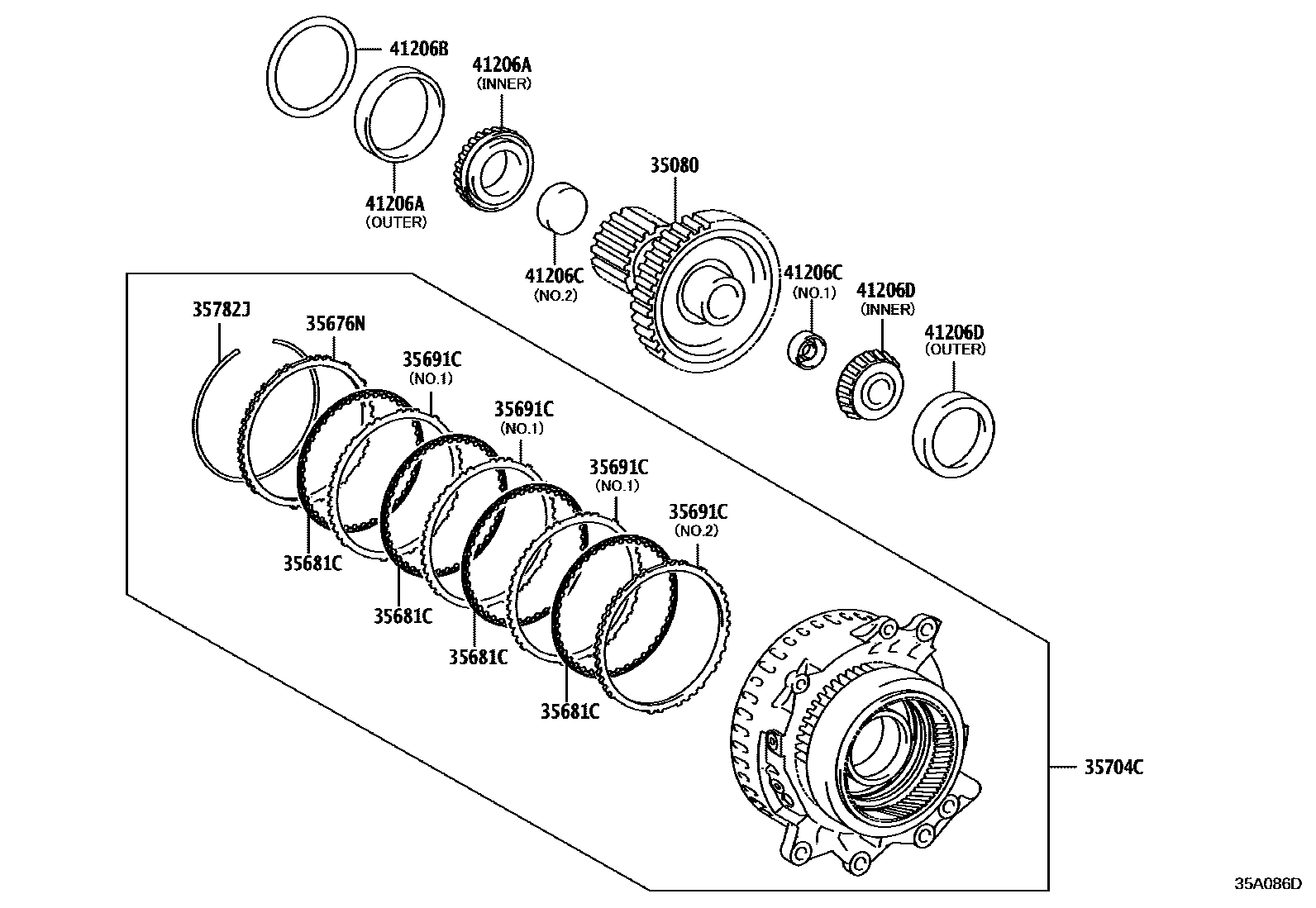 Toyota CAMRY 行星齿轮、倒档活塞和中间轴齿轮(ATM) EPC diagram — 35A086D