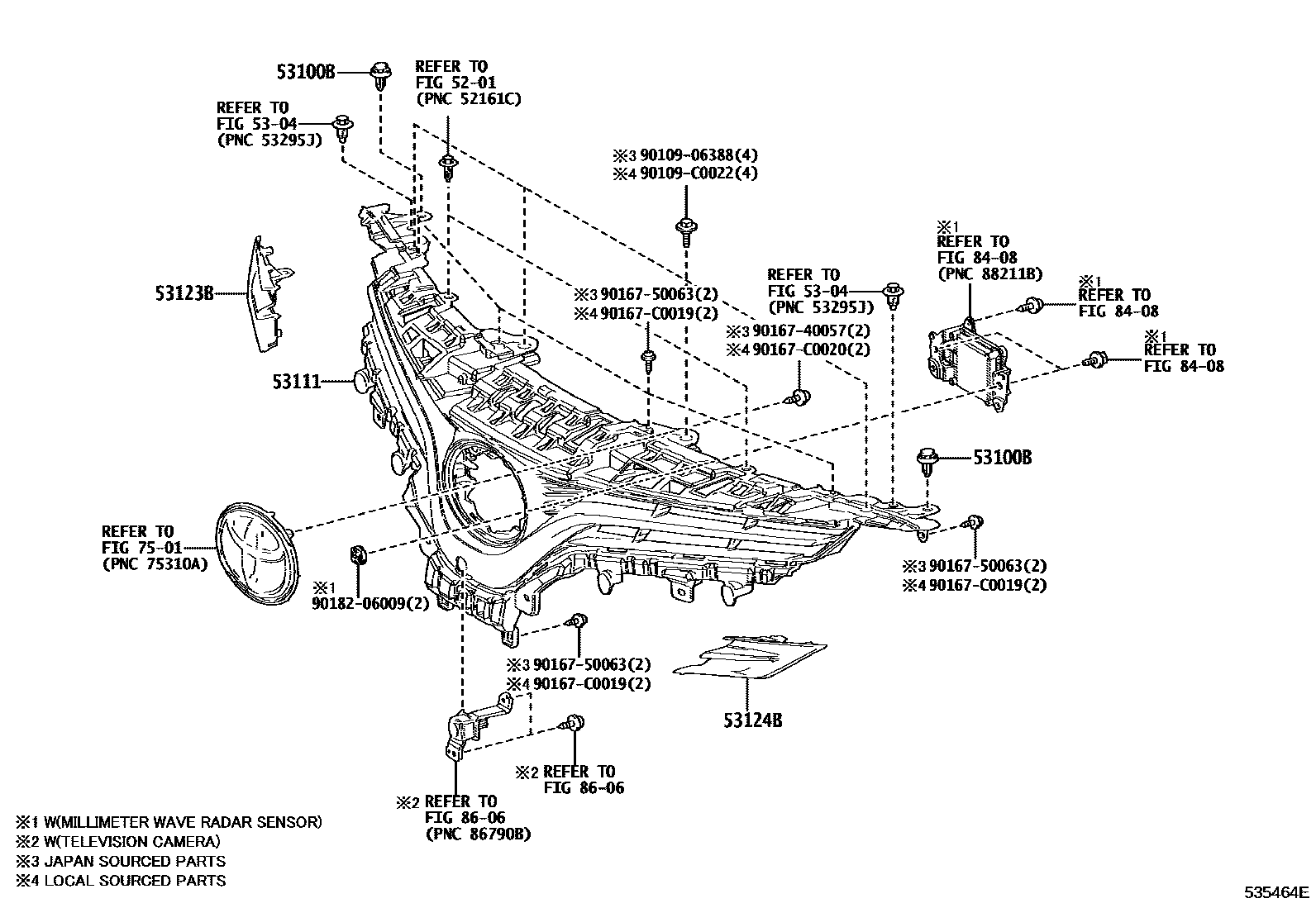 Toyota CAMRY radiator grille EPC diagram — 535464E
