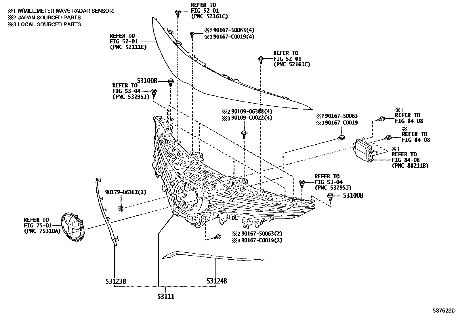 Toyota CAMRY radiator grille EPC diagram — 537623D