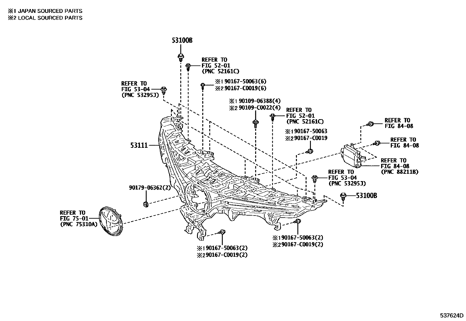 Toyota CAMRY radiator grille EPC diagram — 537624D