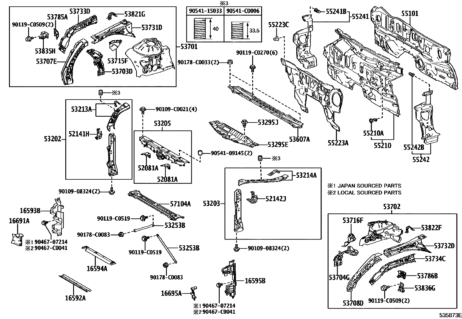 Toyota CAMRY 前翼子板挡泥板和前围板 EPC diagram — 535873E