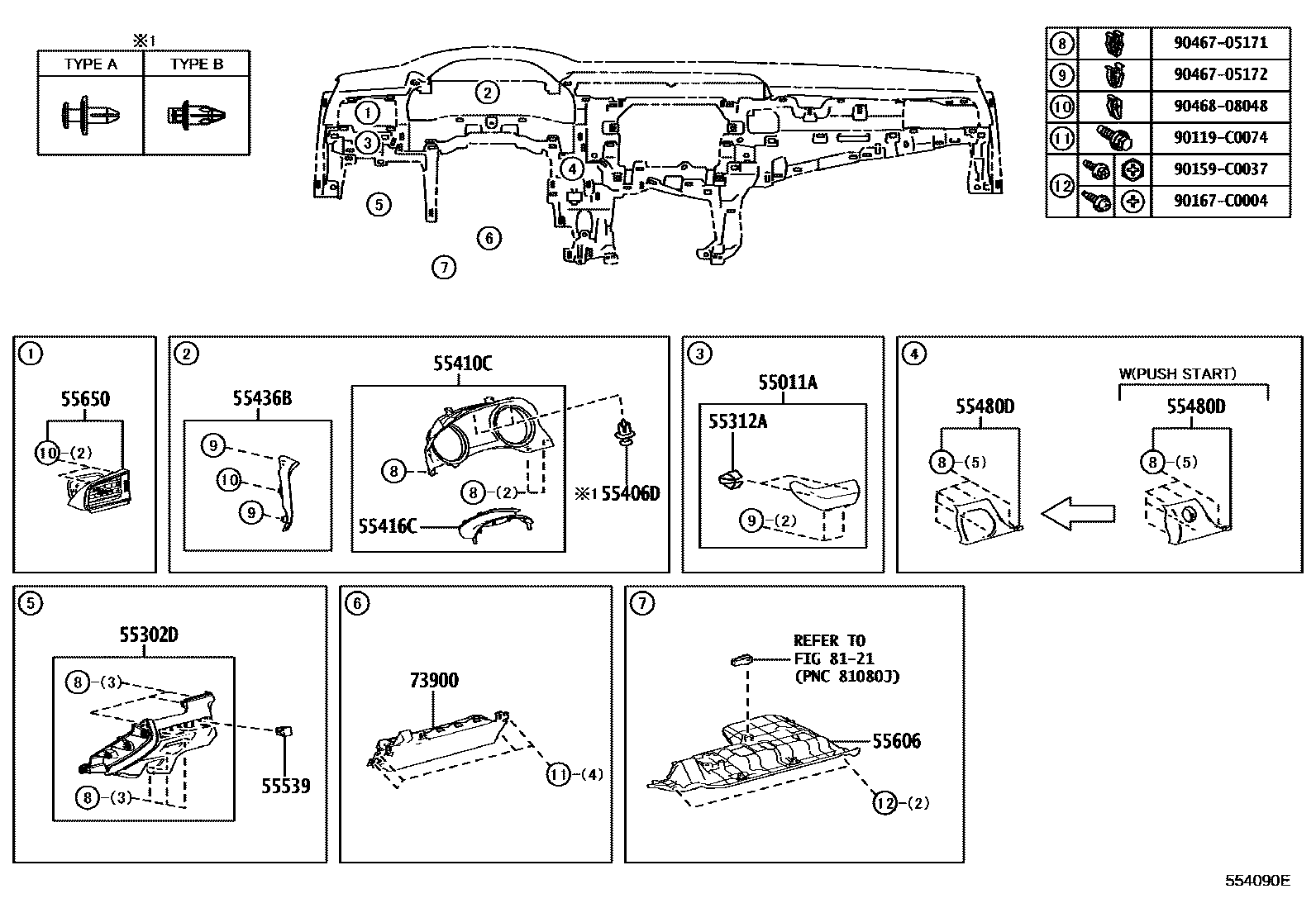 Toyota CAMRY 仪表板和手套箱 EPC diagram — 554090E