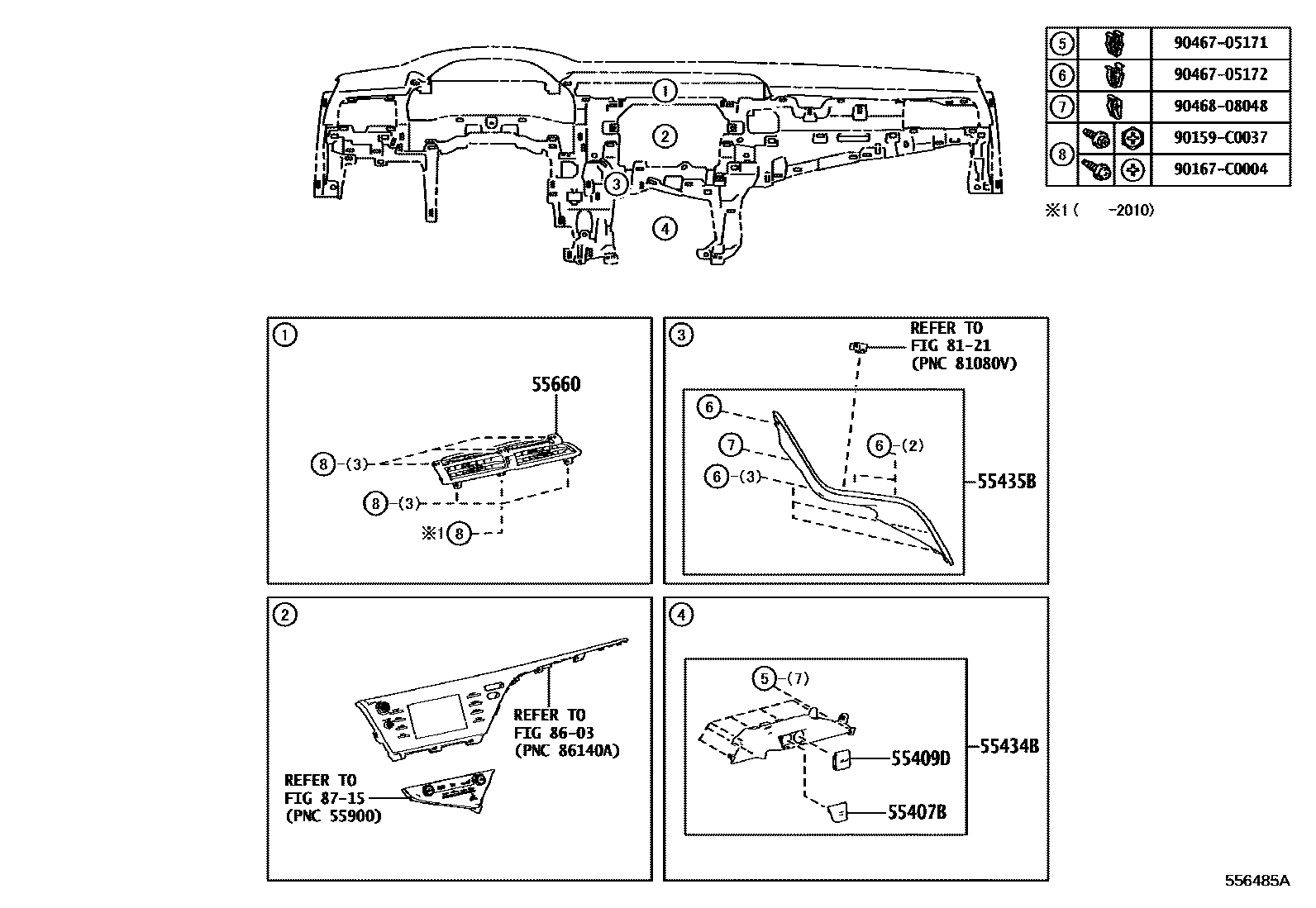 Toyota CAMRY 仪表板和手套箱 EPC diagram — 556485A