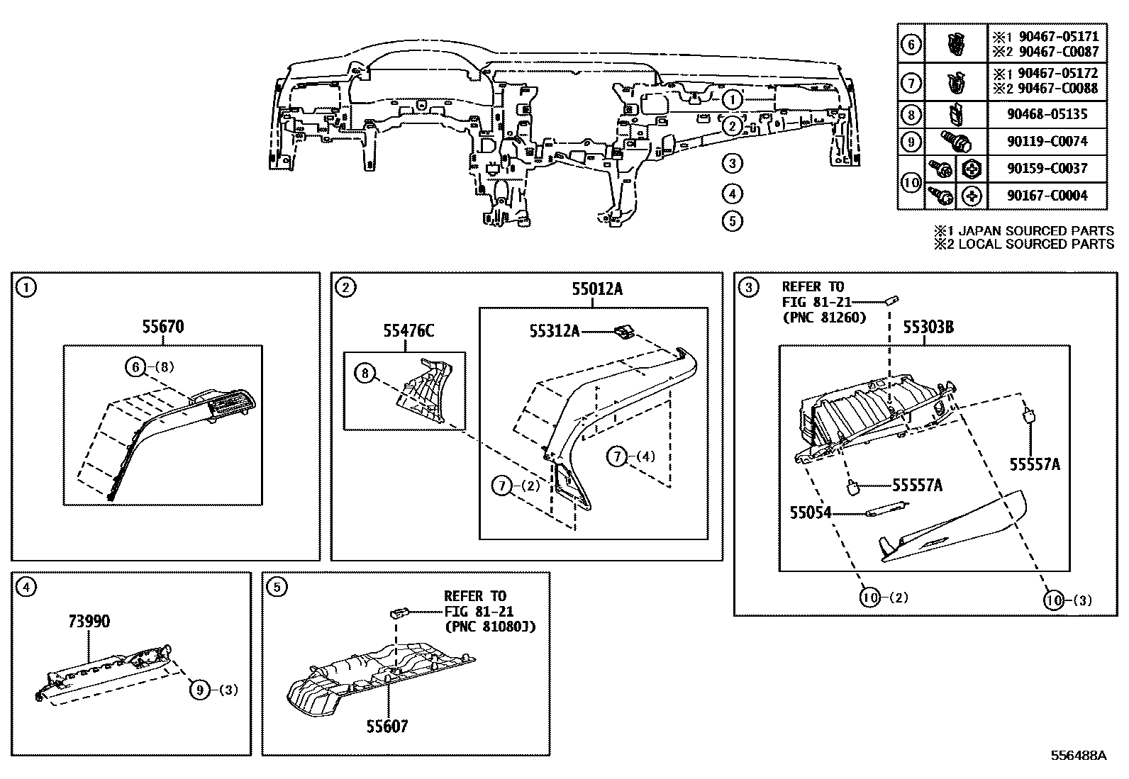 Toyota CAMRY 仪表板和手套箱 EPC diagram — 556488A