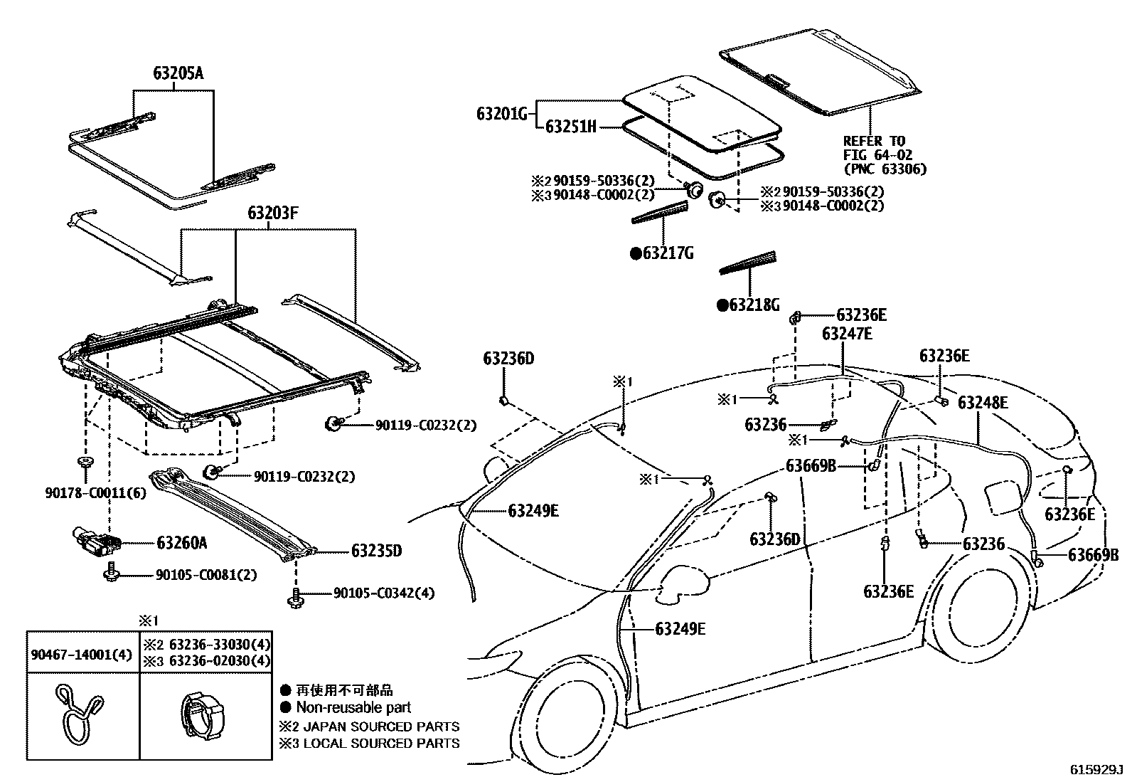 Toyota CAMRY 天窗板和背窗玻璃 EPC diagram — 615929J