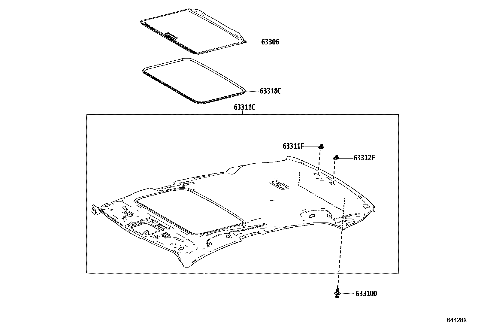 Toyota CAMRY 车顶内衬和消声垫 EPC diagram — 644281